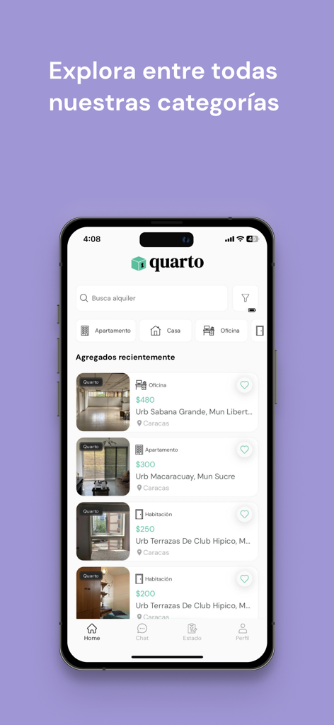 Quarto - App móvil Quarto mostrando listados de alquiler de propiedades de apartamentos y oficinas en Caracas