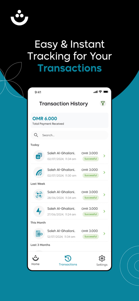 Thawani Tajer - Un teléfono móvil que muestra la pantalla del historial de transacciones de la aplicación Thawani Tajer, con una lista de pagos exitosos.