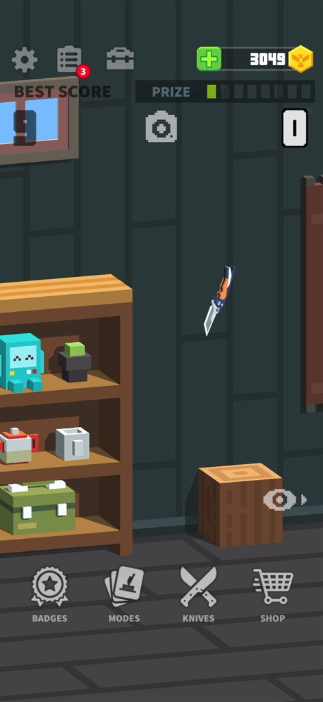 Captura de pantalla del juego móvil Flippy Knife que muestra un cuchillo girando en el aire sobre un objetivo de bloque de madera en una habitación de pixel art