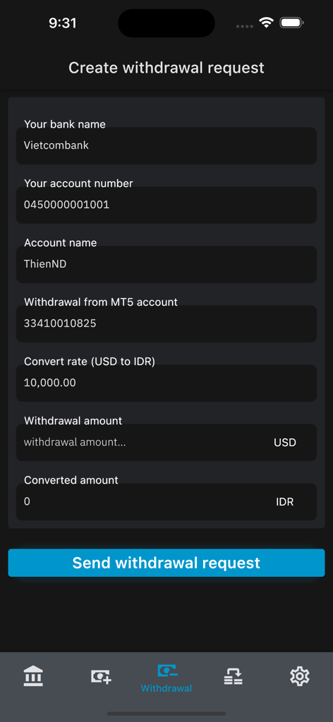 은행 계좌 정보와 환율을 보여주는 DIDIMAX Trader 모바일 앱의 출금 요청 생성 화면