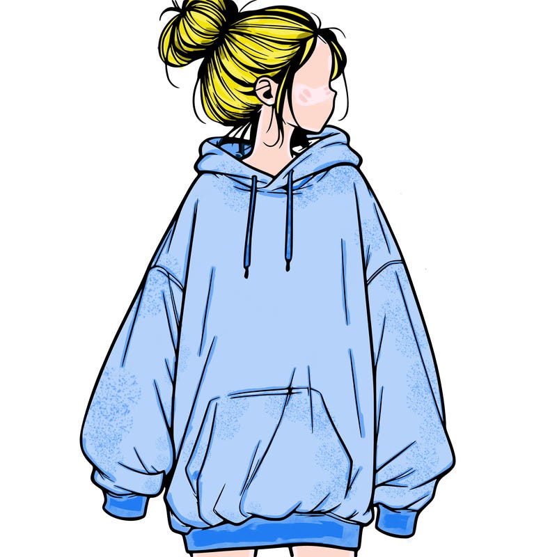 realistic girl with a oversized sweatshirt on and a bun