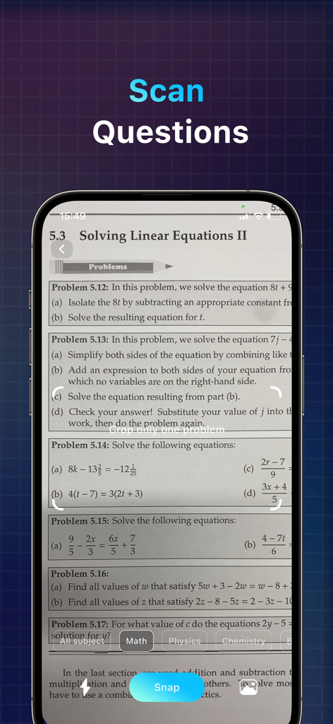 MathHub AI: Intelligent Tutor - Una interfaz de teléfono inteligente usando MathHub AI para escanear y resolver problemas de ecuaciones lineales de un libro de texto.