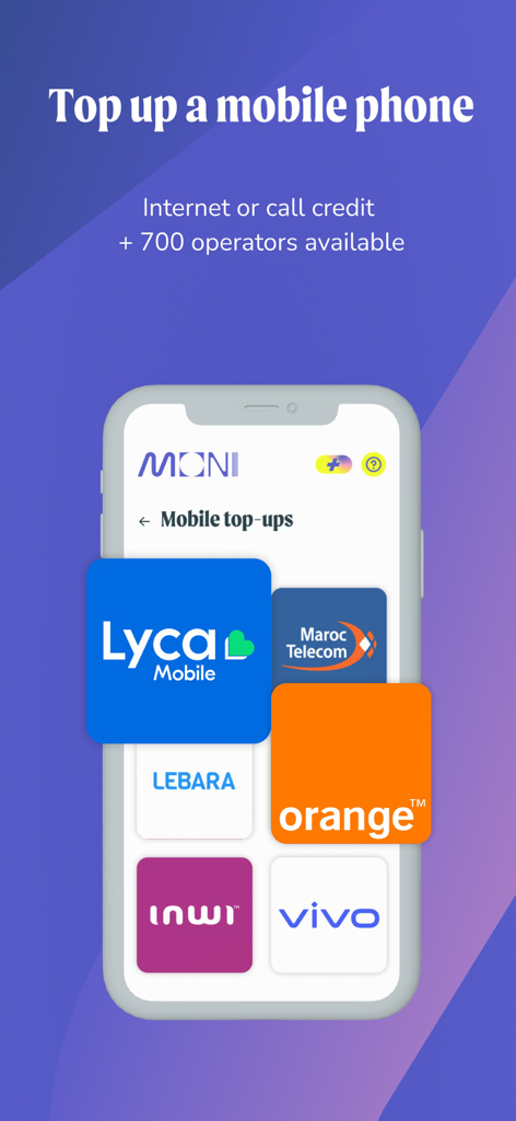 MONI | Mobile & Prepaid topups - Interfaz de la aplicación MONI para recargas móviles internacionales que muestra varios operadores globales