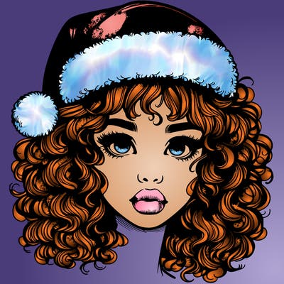 realistic girl with a santa hat curly hair and lips