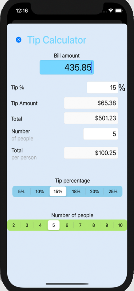 Écran de calculatrice de pourboire montrant le montant de la facture et le total partagé par personne.