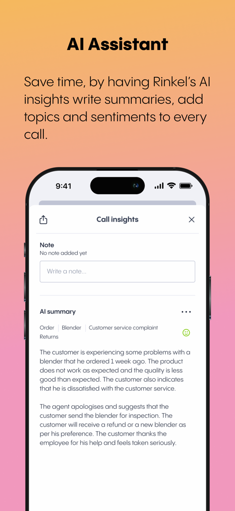 Rinkel - Rinkel mobile app interface showing the AI Assistant feature with automated call summaries and insights.