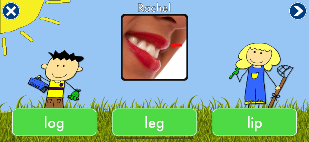 Sound It Out - Educational phonics game screen showing a picture of a lip and three CVC word options log, leg, and lip.