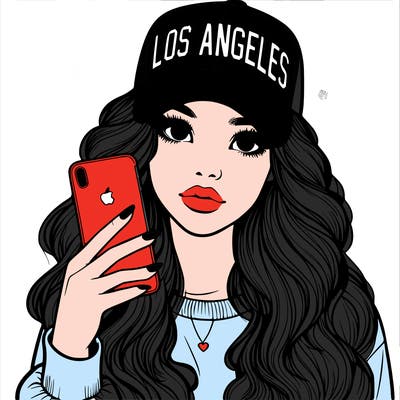 realistic beautiful girl wearing los ángeles cap holding an iphone