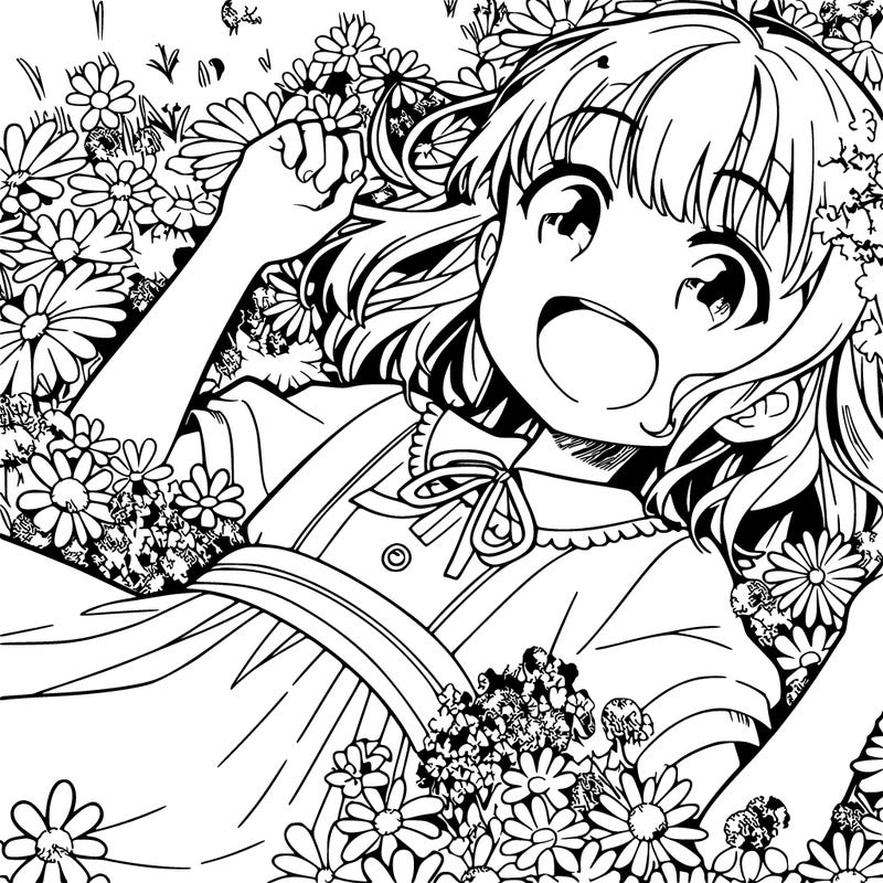 an anime girl laying in a field that's dappled with flowers the girl is excited and happy