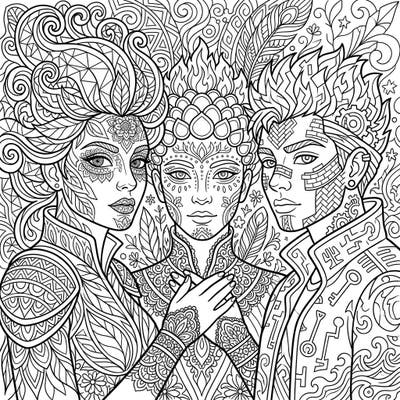 Immerse yourself in a world of complex beauty with this digital portraits adult coloring page. Featuring three intricately designed figures, it promises a deeply engaging and satisfying artistic experience.