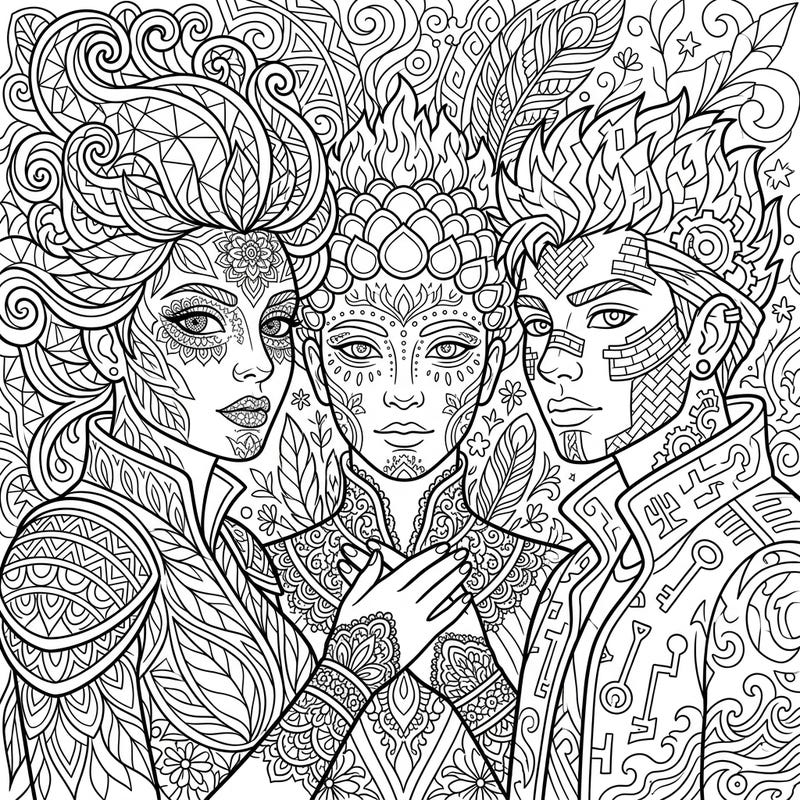 Immerse yourself in a world of complex beauty with this digital portraits adult coloring page. Featuring three intricately designed figures, it promises a deeply engaging and satisfying artistic experience.