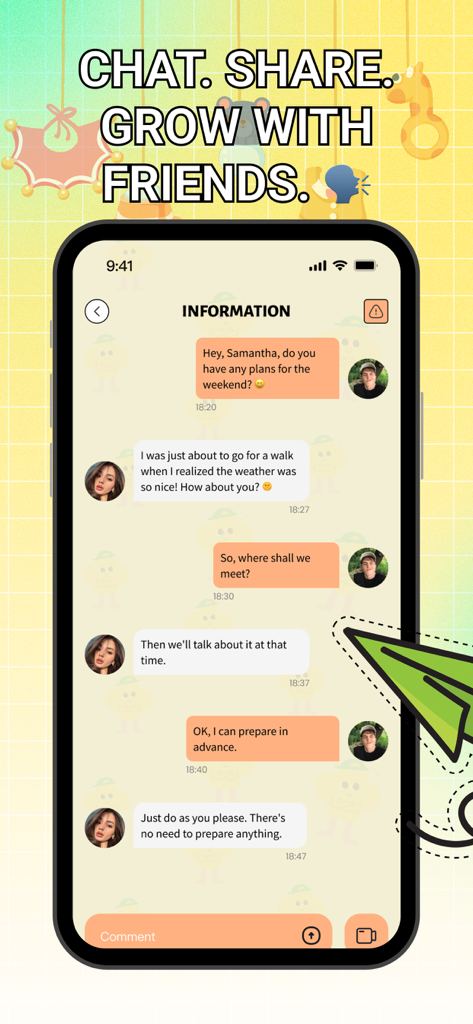 Tazu - Explore - A chat screen within the Tazu Explore app showing parents messaging each other about daily plans and education