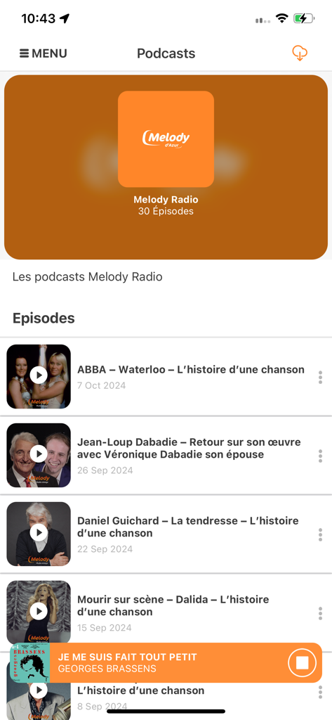 L'écran des podcasts de l'application Radio Melody présente une liste d'épisodes consacrés à l'histoire de la musique.