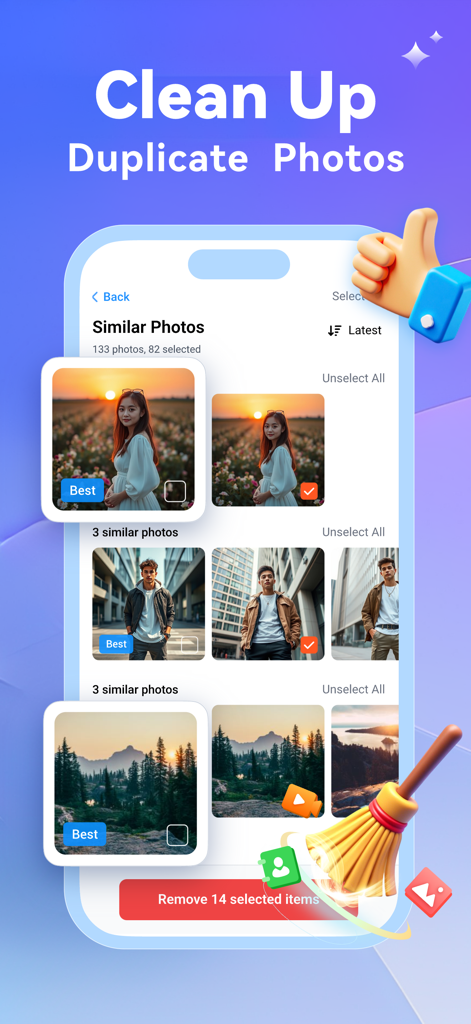 The app interface for cleaning up duplicate photos to free up storage space.