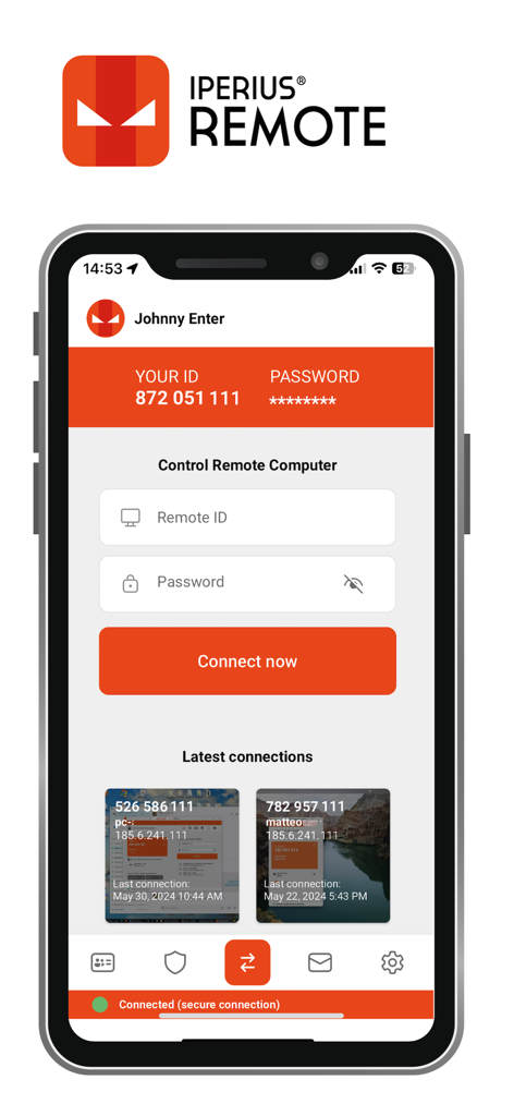 Iperius Remote Desktop - Iperius Remote Desktop app home screen on iPhone showing remote control login and recent connection history.
