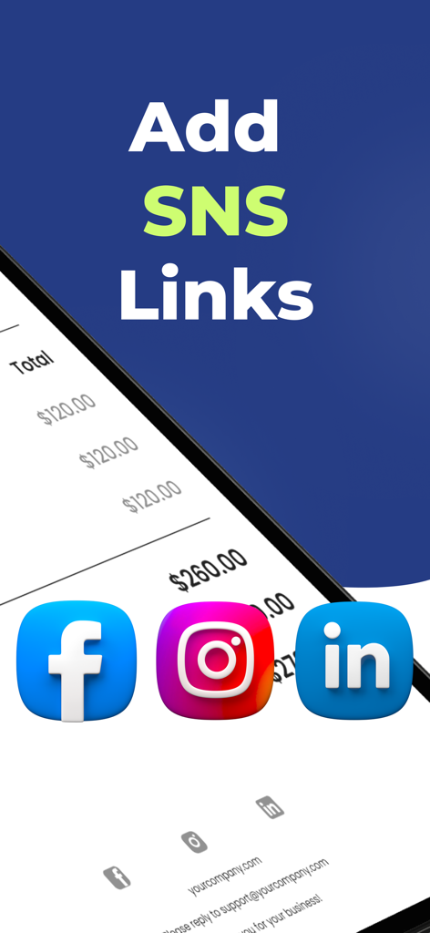 Interface of Invoice Maker Flex app showing how to add social media links like Facebook Instagram and LinkedIn to invoices