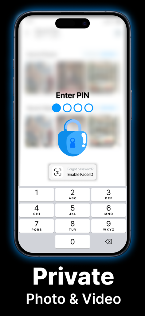 Clean Up Storage－Phone Cleaner - Pantalla de entrada de PIN de seguridad para una bóveda privada de fotos y videos con opción Face ID.