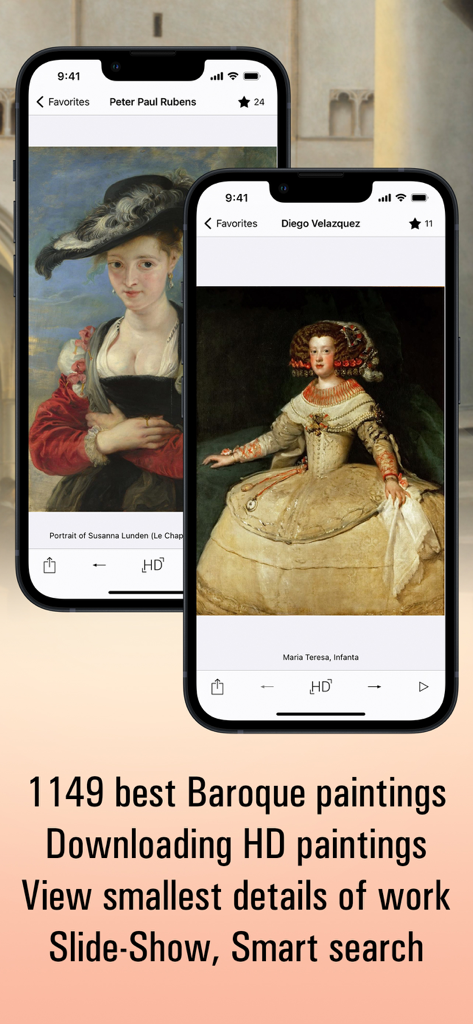 ギャラリーアプリでバロック美術の傑作を表示する2台のスマートフォン