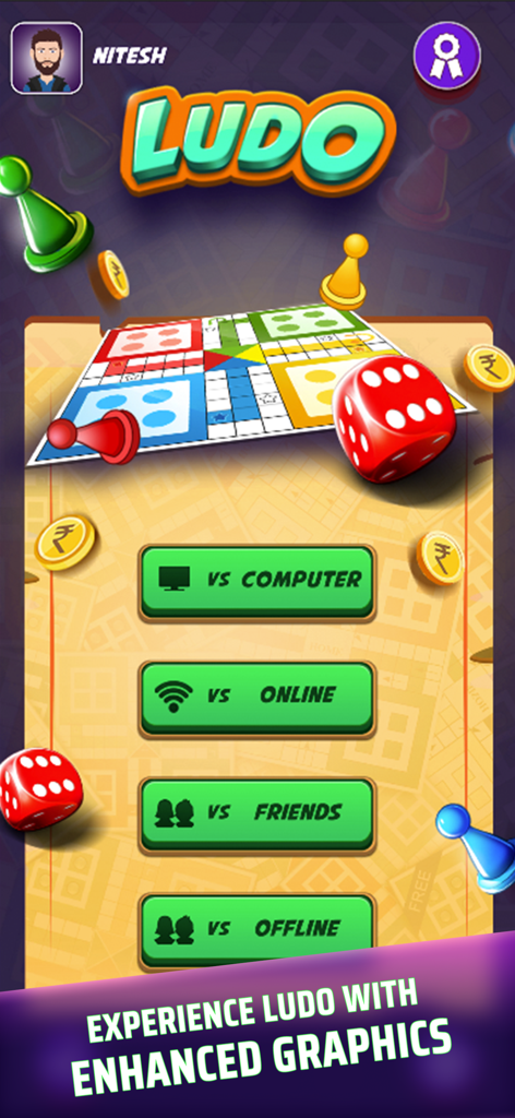 Ludo Classic Game main menu showing game modes for computer online and multiplayer play