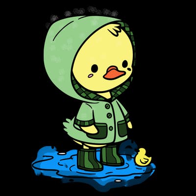 baby duck in a rain coat and boots, in a puddle while it’s raining