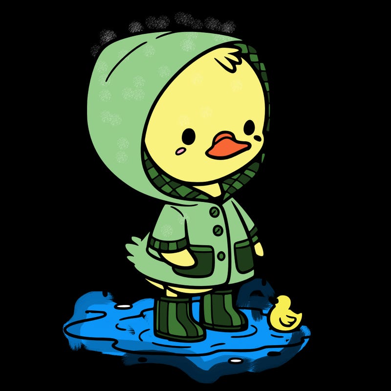 baby duck in a rain coat and boots, in a puddle while it’s raining