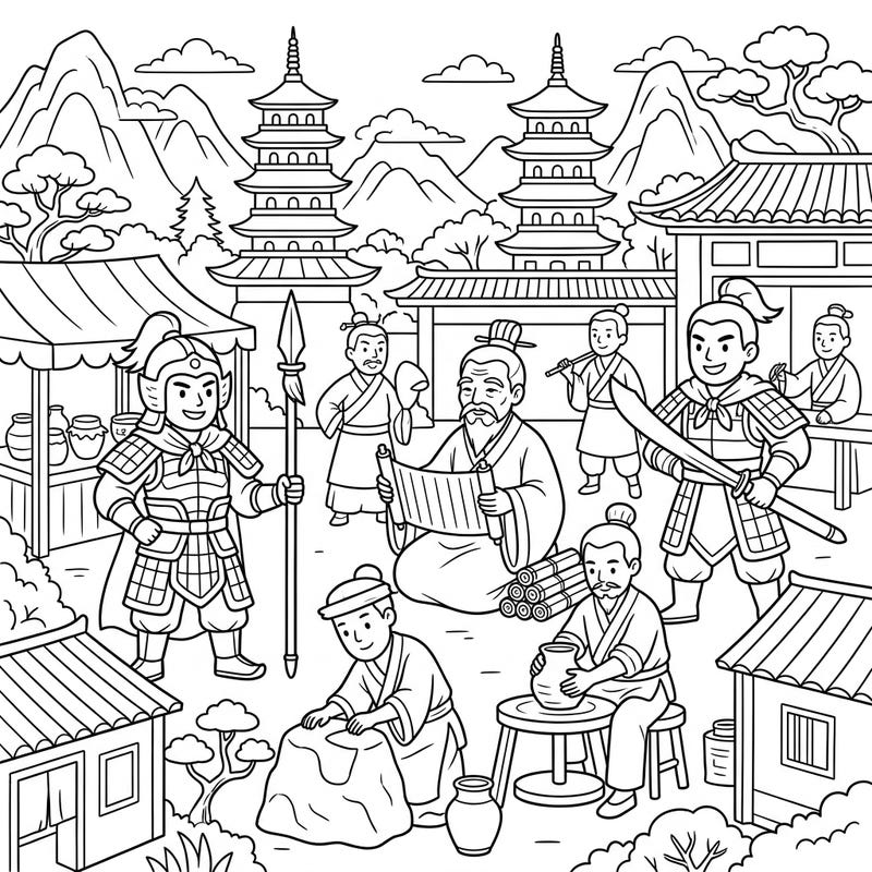 Step back in time to ancient China with this captivating Warring States Period coloring page, specially designed for kids. Discover friendly warriors, wise scholars, and daily life scenes ready for a splash of color.