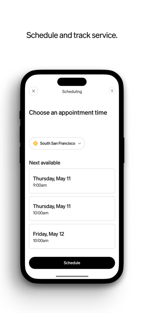 Schermata dell'app mobile Rivian per la pianificazione degli appuntamenti di assistenza del veicolo.