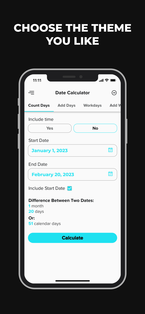 Date & Time Calculator App - Captura de pantalla de un teléfono mostrando la interfaz del tema claro de una aplicación calculadora de fechas contando los días entre dos fechas de calendario