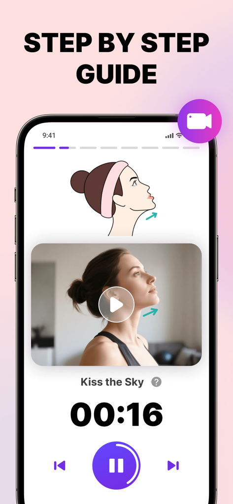 Step by step video tutorial for face yoga exercises on a mobile app interface