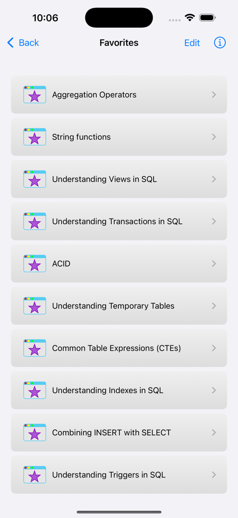 A list of favorite SQL topics and saved lessons within the SQL Programming Pro app