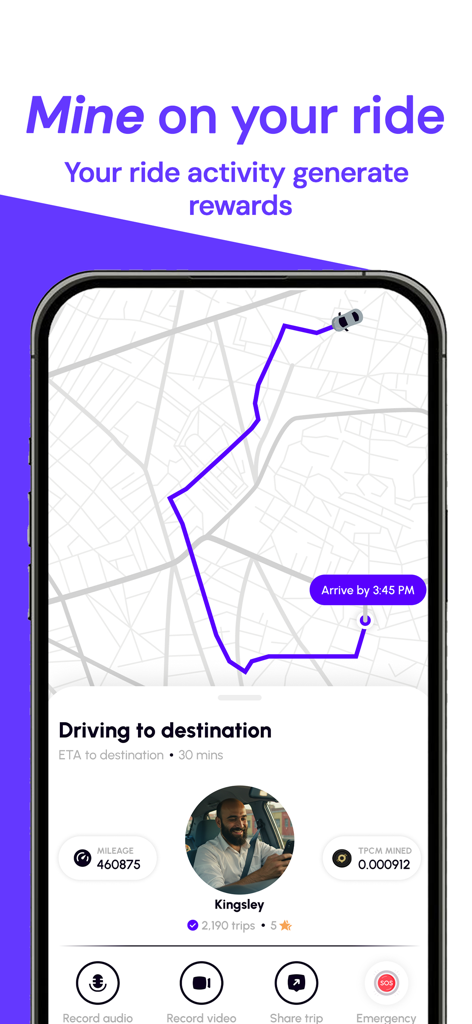 TripPicker:Web3 Mobility - TripPicker app interface showing real time ride tracking and crypto mining rewards