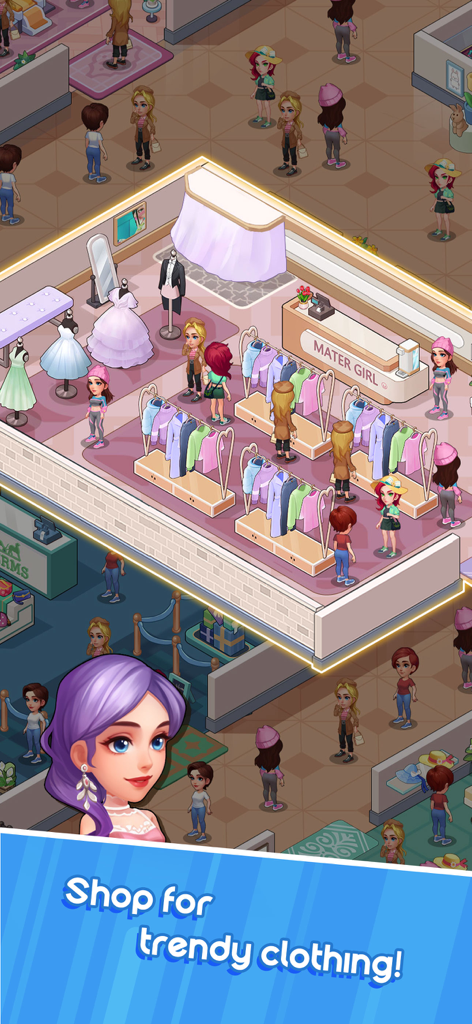 Idle Super Mall - Isometric view of a trendy clothing store in Idle Super Mall with shoppers and fashion displays