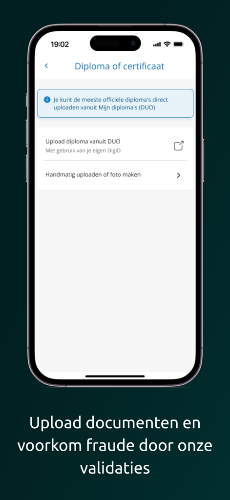 Youforce - A mobile screen from the Youforce app illustrating the process of uploading and validating educational certificates and diplomas