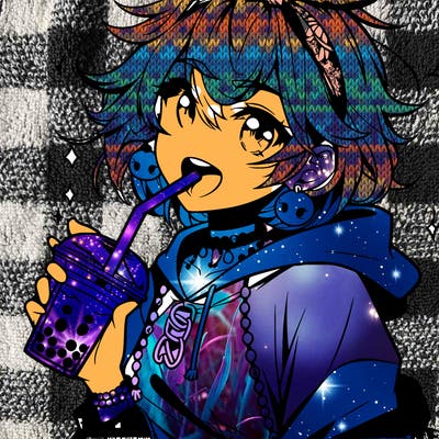 hot baddie anime girl drinking boba and biting the straw
