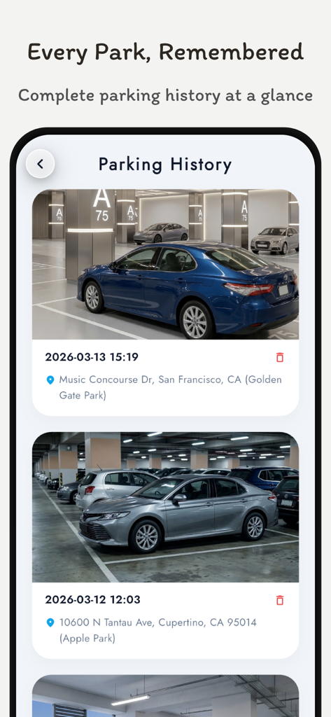 Where's My Car - GPS Tracker - Pantalla de la aplicación móvil que muestra una lista de ubicaciones de estacionamiento guardadas con fotos y marcas de tiempo