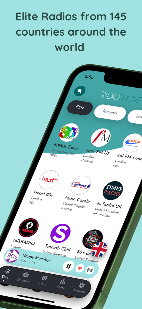 RadioPhone: Live Radio Station - Interfaz de la aplicación RadioPhone que muestra estaciones de radio globales de élite con canales destacados del Reino Unido