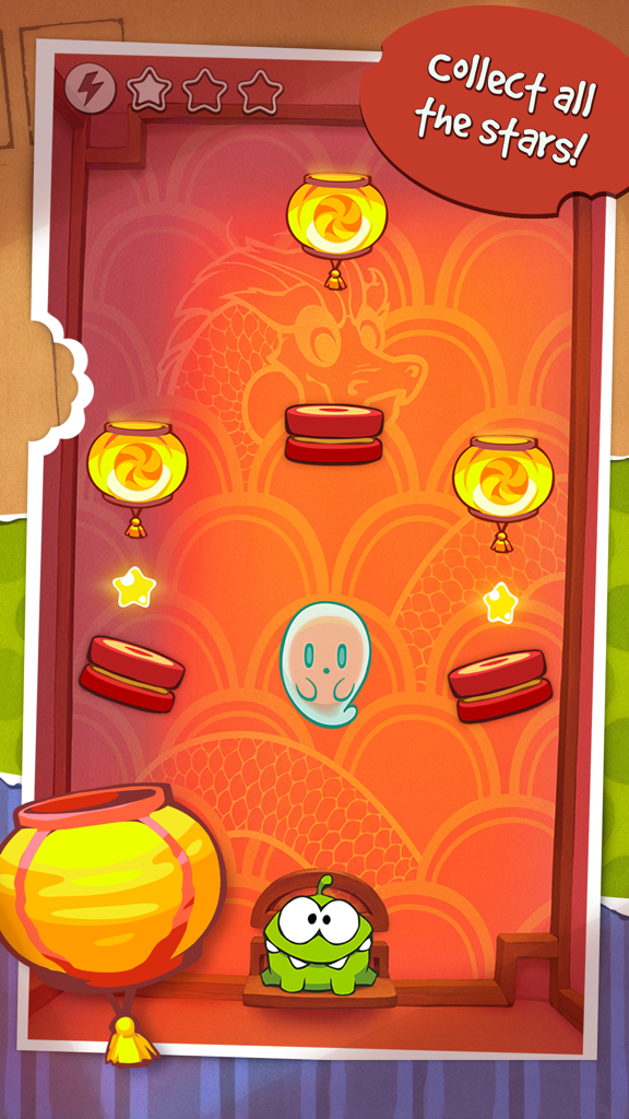 Cut the Rope GOLD - Om Nom in a physics-based puzzle level with lanterns and stars in Cut the Rope GOLD