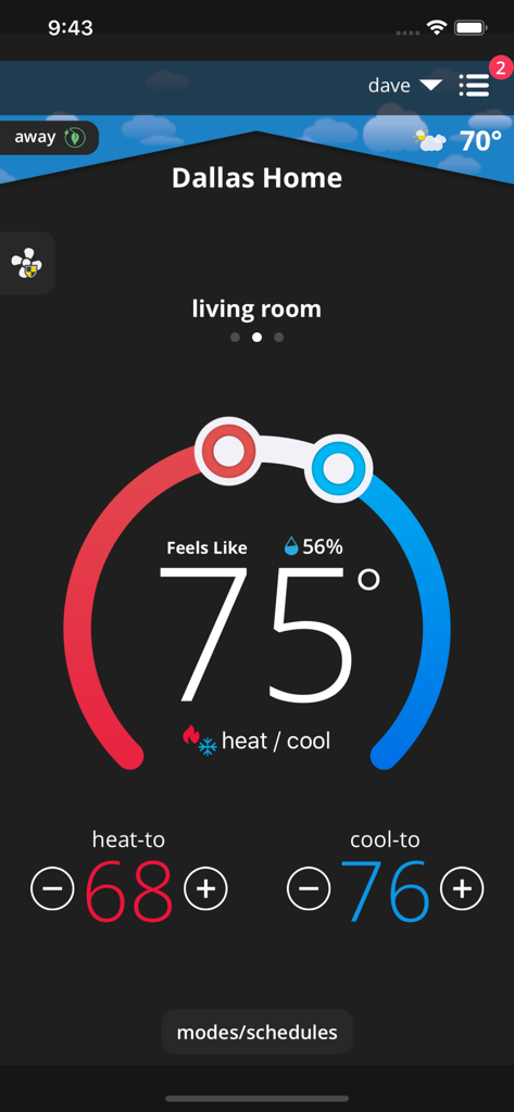 Lennox iComfort T-Stat app dashboard showing living room temperature and climate settings
