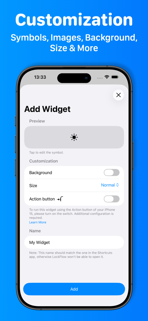 Lock Launcher Widgets LockFlow - Interface for customizing lock screen widget symbols and settings in the LockFlow app