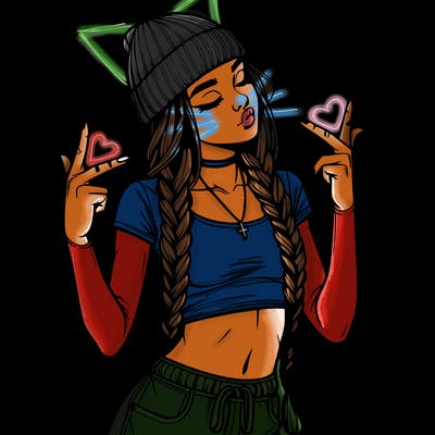 realistic teenage girl with braids and a beanie and crop top doing 🫶🏼