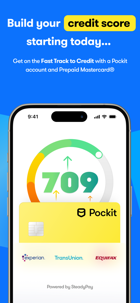 Pockit mobile app interface showing a credit score of 709 and the credit building feature