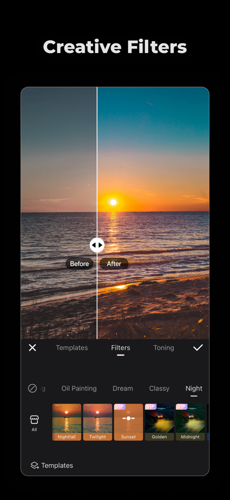 Vorher-Nachher-Vergleich eines Sonnenuntergangs über dem Meer mit kreativen Videofiltern in der Wink-App.