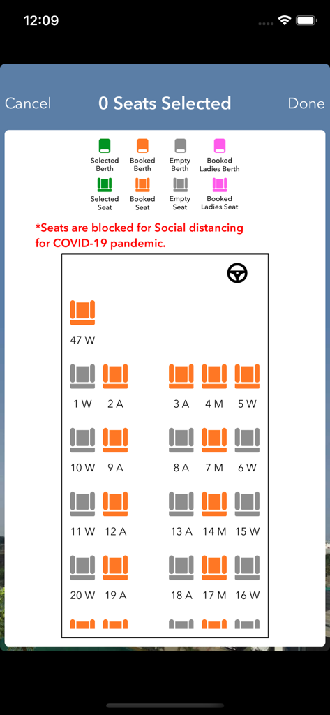 GSRTC bus seat selection screen showing a layout of available and booked seats with descriptive labels