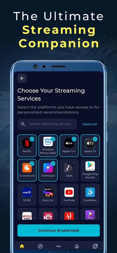 Movie Plex - Movies & TV Shows - Tela do aplicativo móvel mostrando uma grade de seleção de serviços de streaming como Netflix Amazon Prime e Apple TV