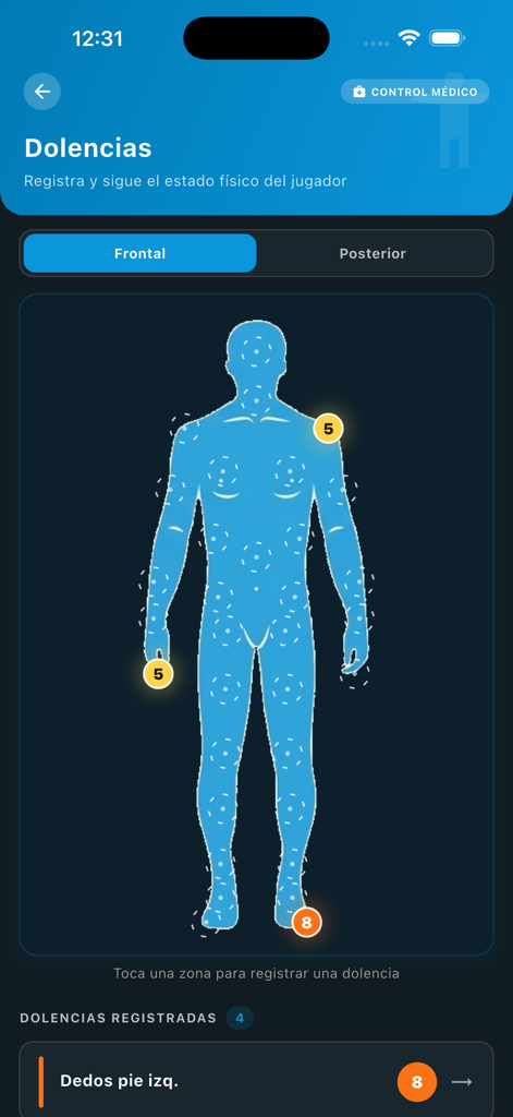 Advanced Metrics. Handball - A human silhouette visualization for recording and tracking handball player injuries and physical health.