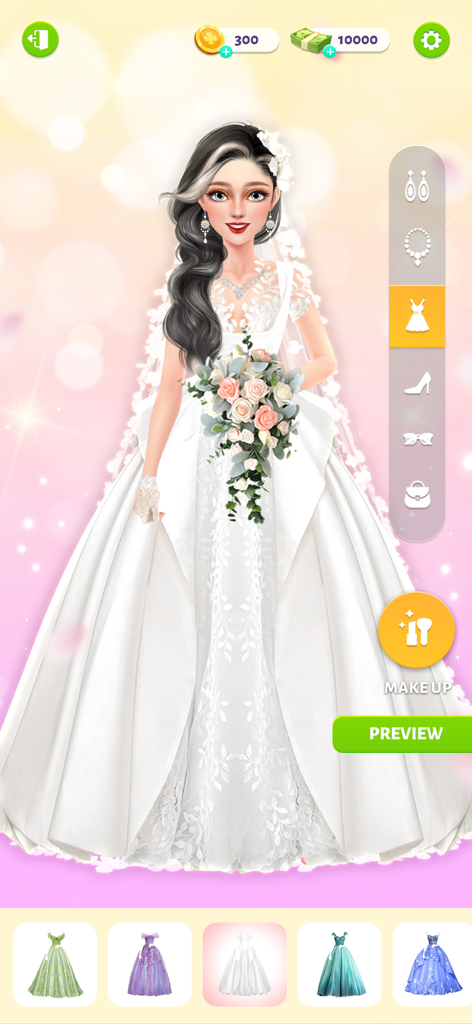 Fashion Star: Model Dress Up - Un personaje modelo con un vestido de novia blanco sosteniendo un ramo en el juego Fashion Star