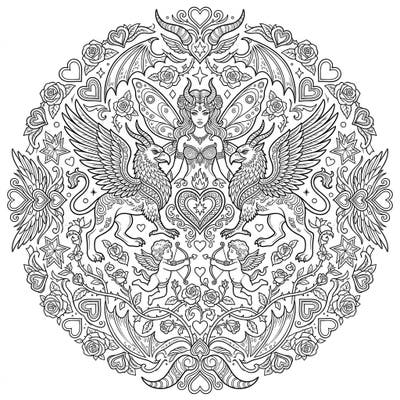 Discover a unique blend of love and magic with this Valentine's Day fantasy mandala. This intricate coloring page features mythical creatures, romantic hearts, and detailed patterns, perfect for a special celebration.