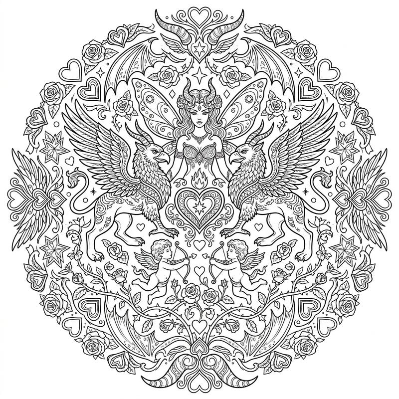 Discover a unique blend of love and magic with this Valentine's Day fantasy mandala. This intricate coloring page features mythical creatures, romantic hearts, and detailed patterns, perfect for a special celebration.