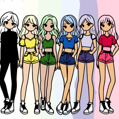 a group of girls wearing crop tops and shorts