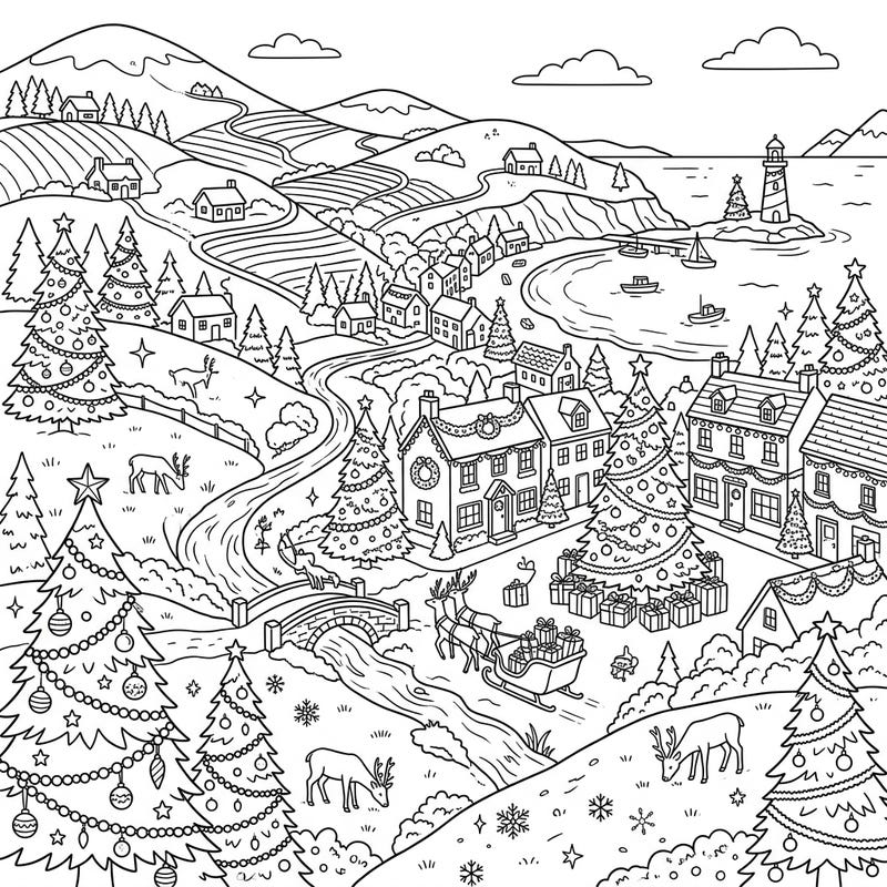 Celebrate the holidays with our enchanting Coastal Valley Christmas coloring page, featuring a festive village by the sea. Immerse yourself in intricate details of decorated homes, reindeer, and twinkling Christmas trees, ready for your creative touch.